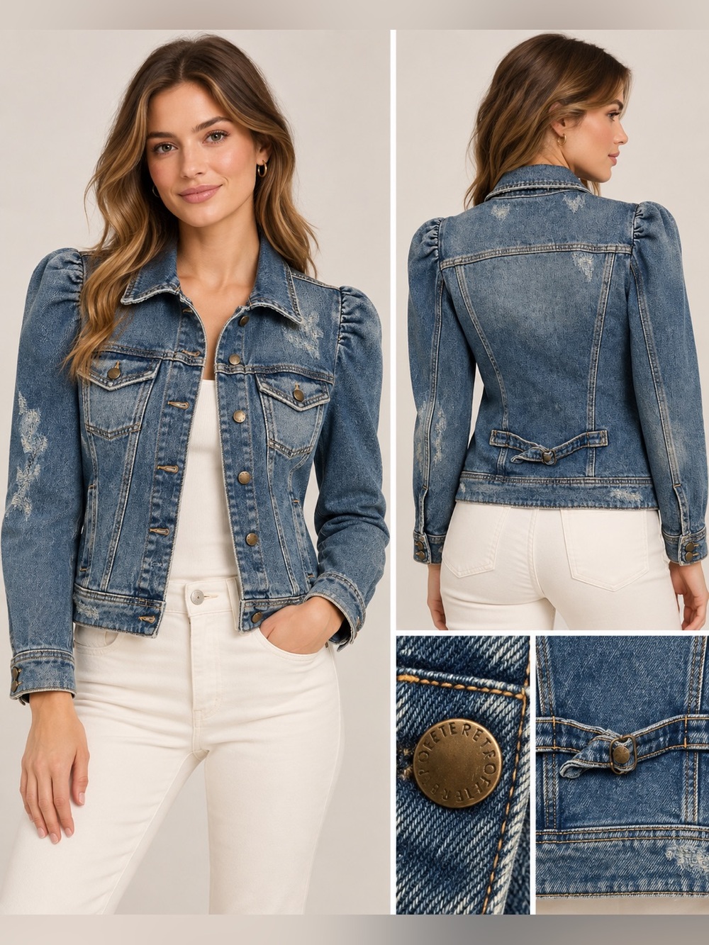 Retrofête Ada Puff Sleeve Distressed Denim Jacket Blue Size S Made Italy